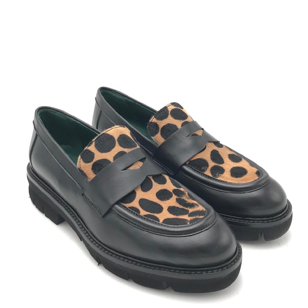 Zulian Calzature Mocassino nero cavallino animalier Online Outlet